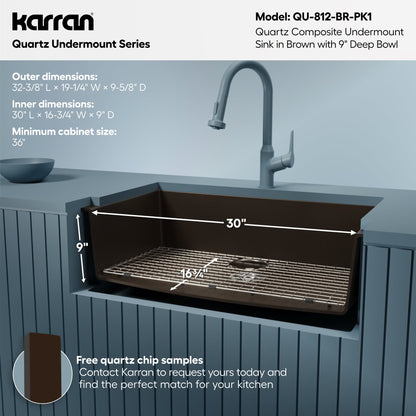 32-3/8" Undermount Large Single Bowl Quartz Composite Kitchen Sink Kit In Brown