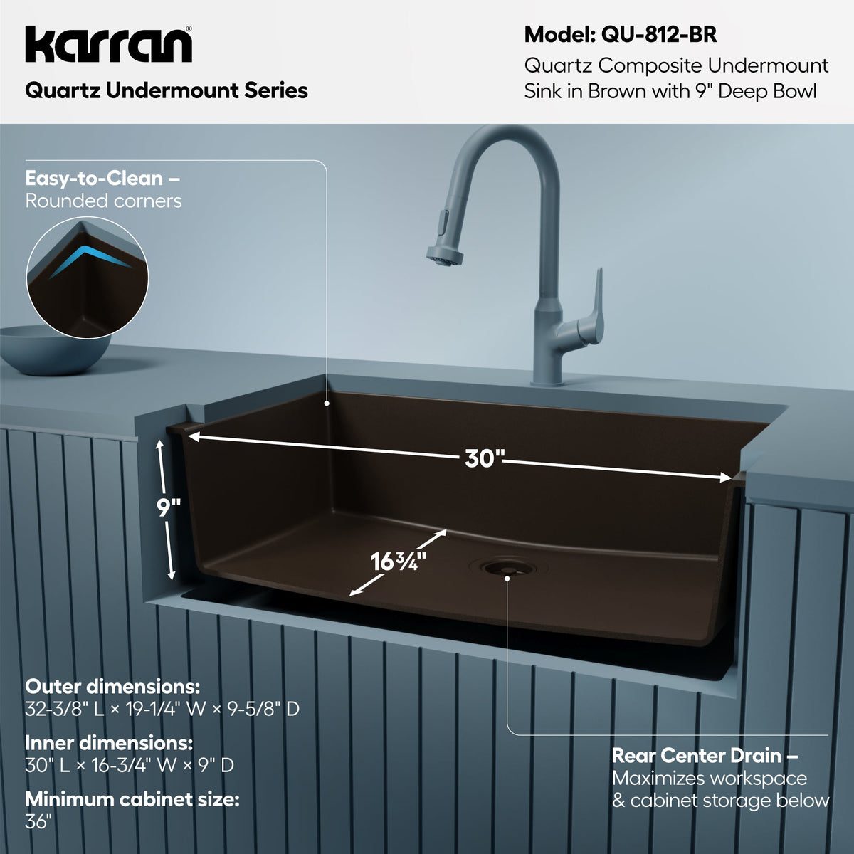 32-3/8" Undermount Large Single Bowl Quartz Composite Kitchen Sink In Brown