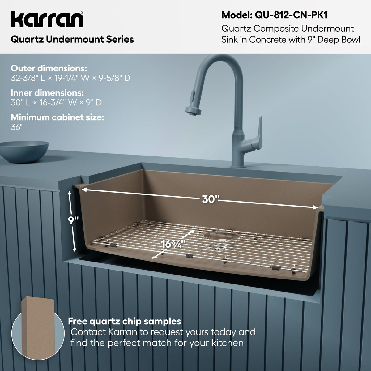 32-3/8" Undermount Large Single Bowl Quartz Composite Kitchen Sink Kit In Concrete