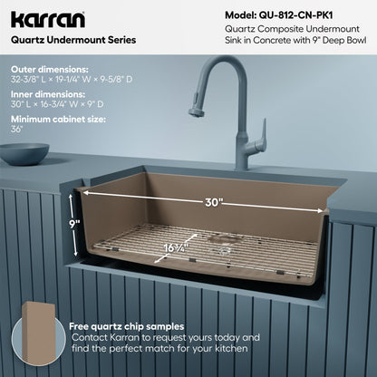 32-3/8" Undermount Large Single Bowl Quartz Composite Kitchen Sink Kit In Concrete