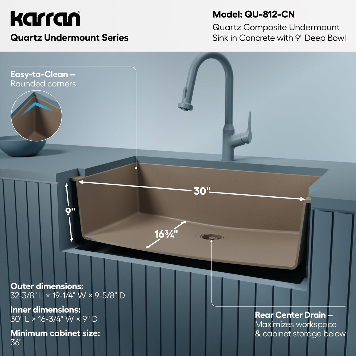 32-3/8" Undermount Large Single Bowl Quartz Composite Kitchen Sink In Concrete