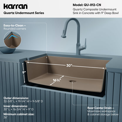 32-3/8" Undermount Large Single Bowl Quartz Composite Kitchen Sink In Concrete