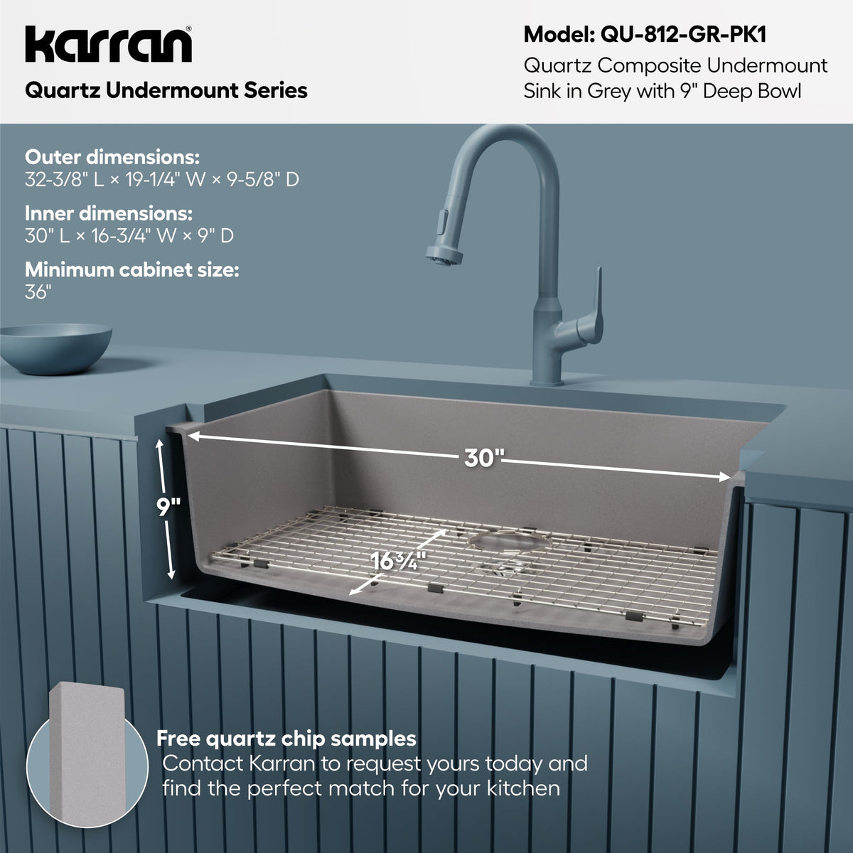 32-3/8" Undermount Large Single Bowl Quartz Composite Kitchen Sink Kit In Grey
