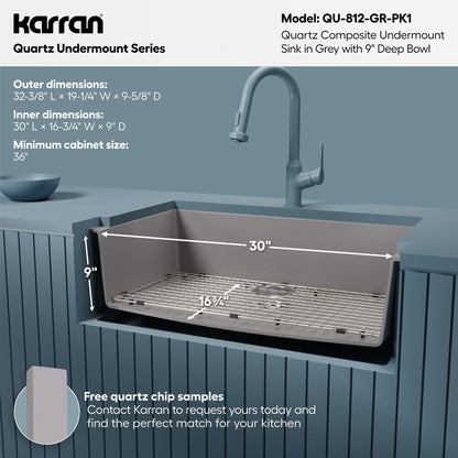 32-3/8" Undermount Large Single Bowl Quartz Composite Kitchen Sink Kit In Grey