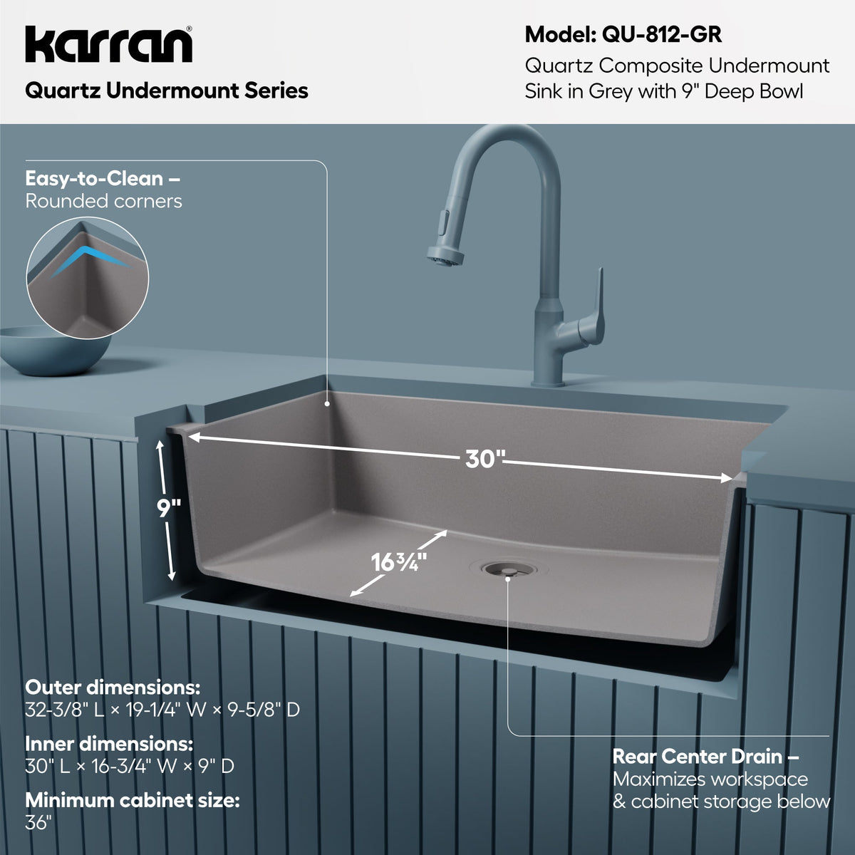 32-3/8" Undermount Large Single Bowl Quartz Composite Kitchen Sink In Grey