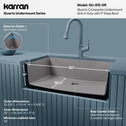 32-3/8" Undermount Large Single Bowl Quartz Composite Kitchen Sink In Grey