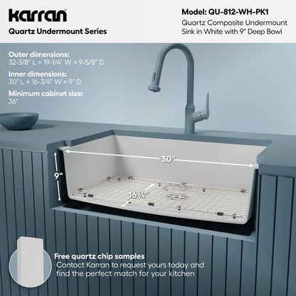 32-3/8" Undermount Large Single Bowl Quartz Composite Kitchen Sink Kit In White