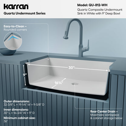 32-3/8" Undermount Large Single Bowl Quartz Composite Kitchen Sink In White