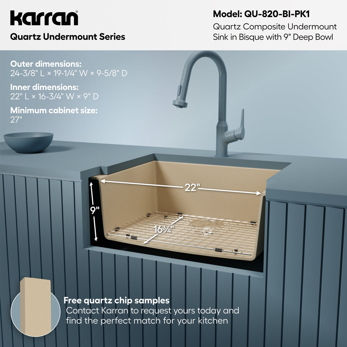 24-3/8" Undermount Single Bowl Quartz Composite Kitchen Sink Kit In Bisque