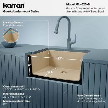 24-3/8" Undermount Single Bowl Quartz Composite Kitchen Sink In Bisque