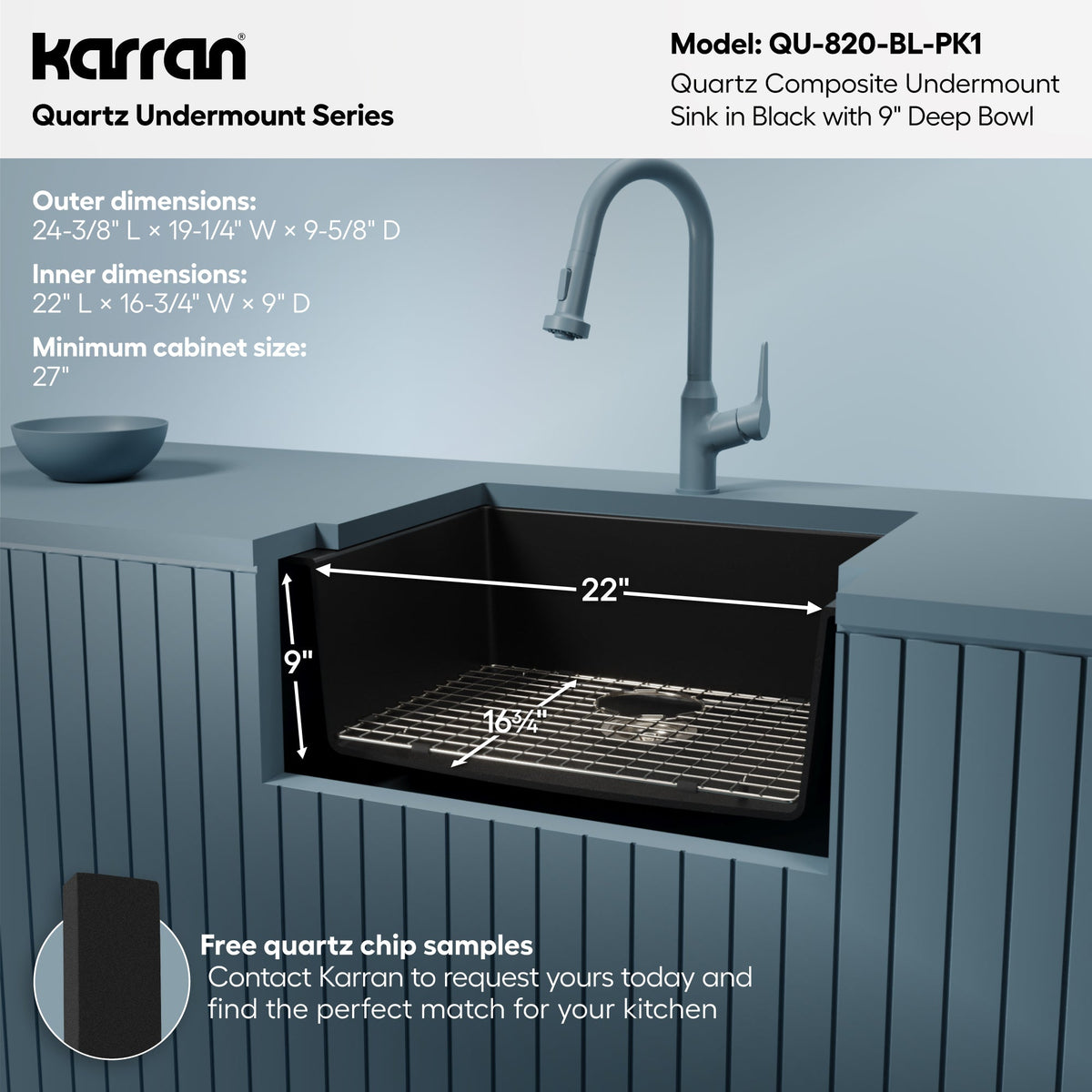 24-3/8" Undermount Single Bowl Quartz Composite Kitchen Sink Kit In Black