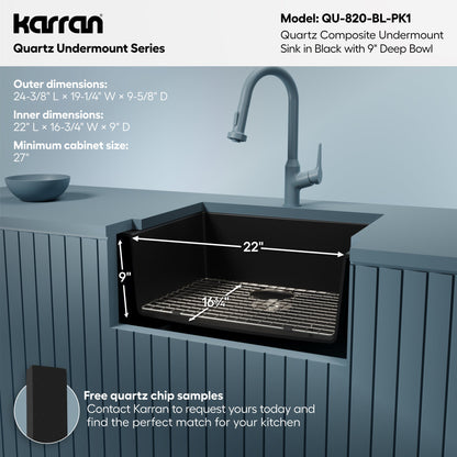 24-3/8" Undermount Single Bowl Quartz Composite Kitchen Sink Kit In Black