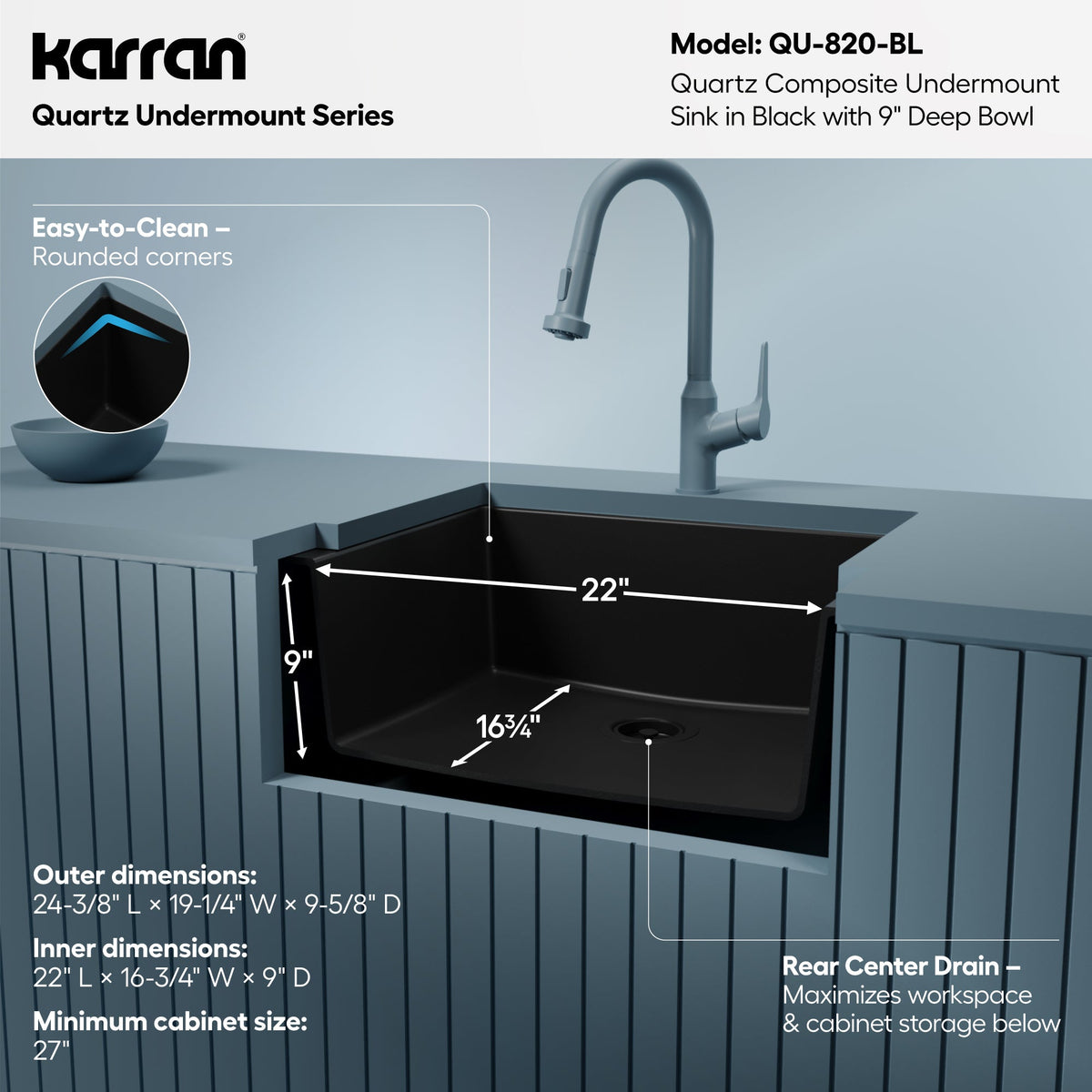 24-3/8" Undermount Single Bowl Quartz Composite Kitchen Sink In Black