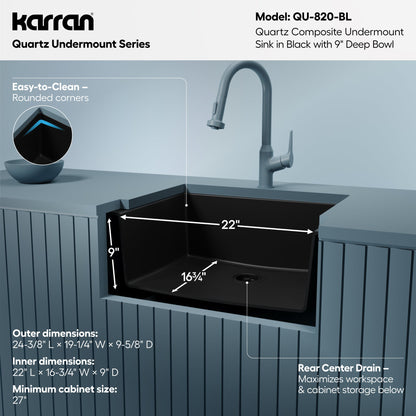 24-3/8" Undermount Single Bowl Quartz Composite Kitchen Sink In Black