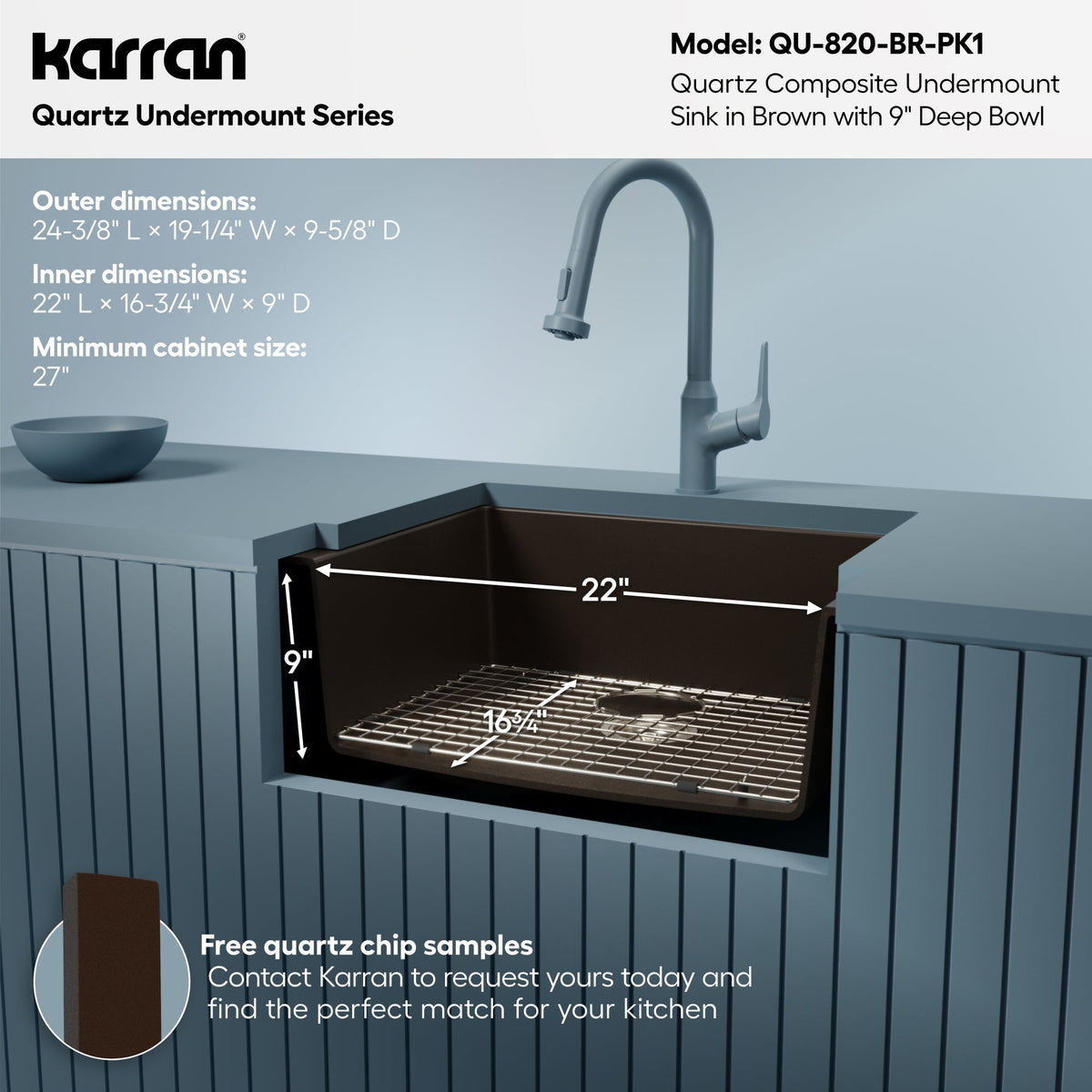 24-3/8" Undermount Single Bowl Quartz Composite Kitchen Sink Kit In Brown