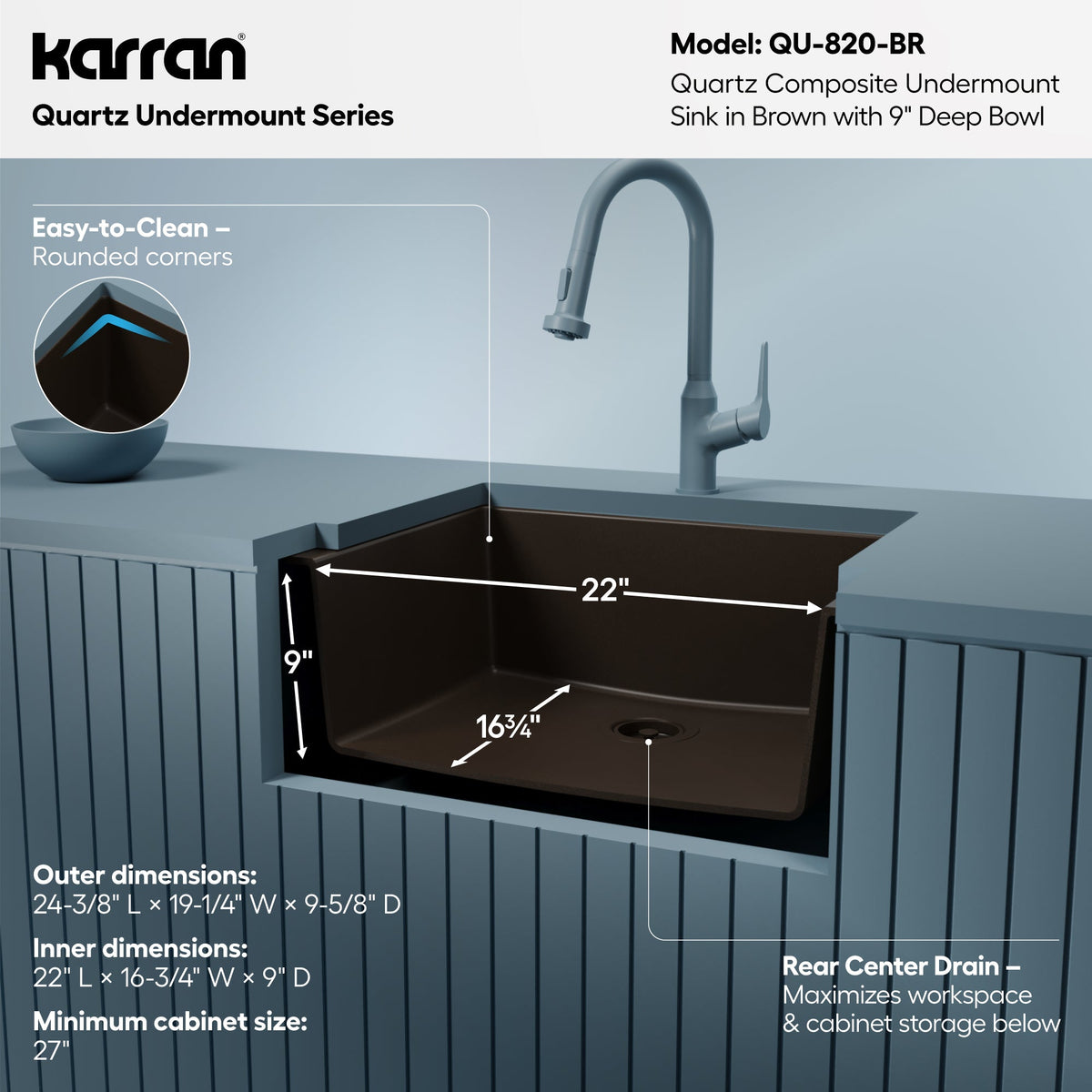 24-3/8" Undermount Single Bowl Quartz Composite Kitchen Sink In Brown
