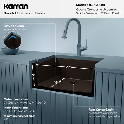 24-3/8" Undermount Single Bowl Quartz Composite Kitchen Sink In Brown