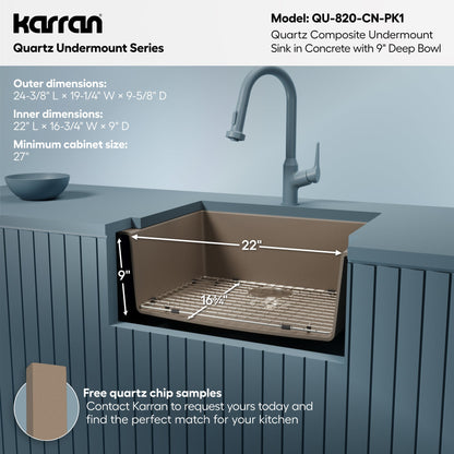 24-3/8" Undermount Single Bowl Quartz Composite Kitchen Sink Kit In Concrete