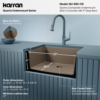 24-3/8" Undermount Single Bowl Quartz Composite Kitchen Sink In Concrete