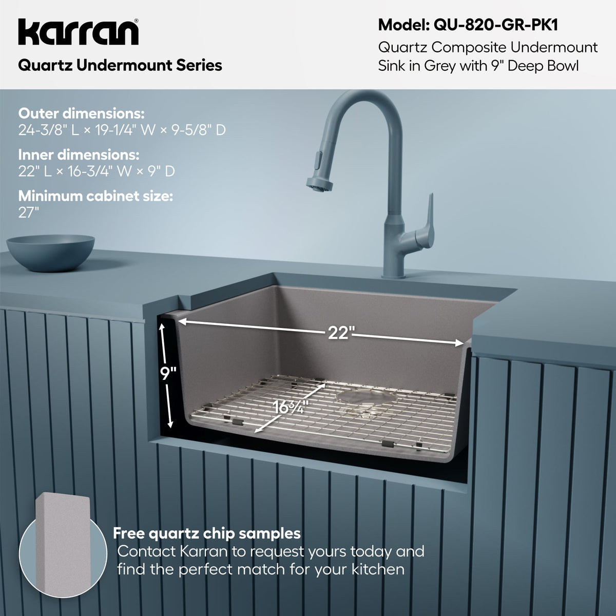 24-3/8" Undermount Single Bowl Quartz Composite Kitchen Sink Kit In Grey