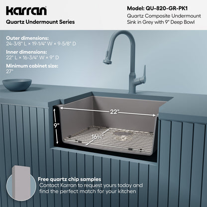 24-3/8" Undermount Single Bowl Quartz Composite Kitchen Sink Kit In Grey