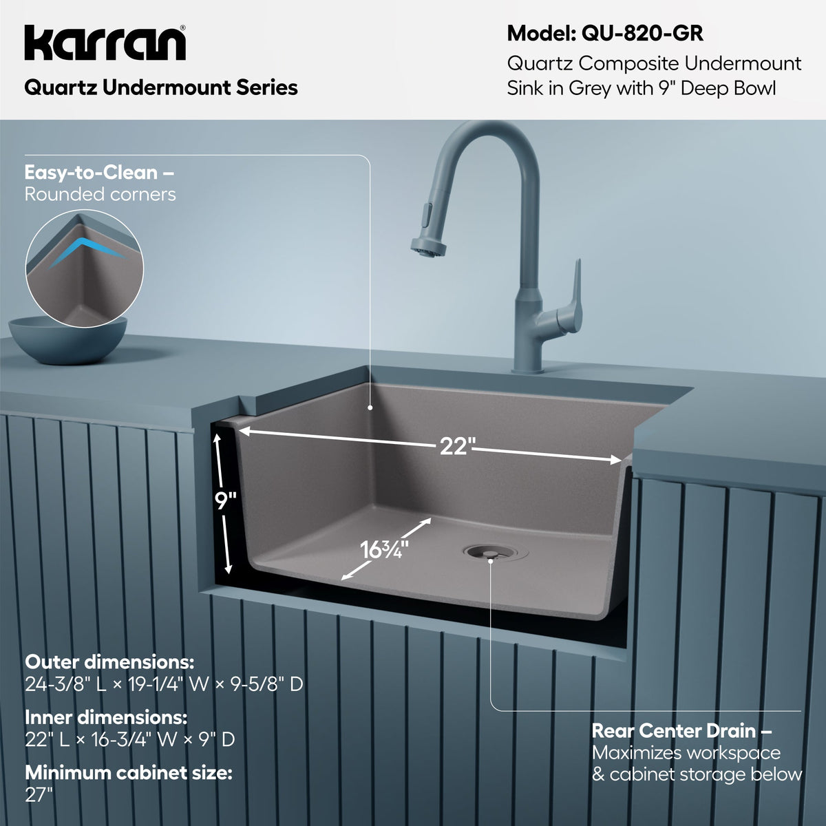 24-3/8" Undermount Single Bowl Quartz Composite Kitchen Sink In Grey