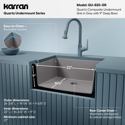24-3/8" Undermount Single Bowl Quartz Composite Kitchen Sink In Grey