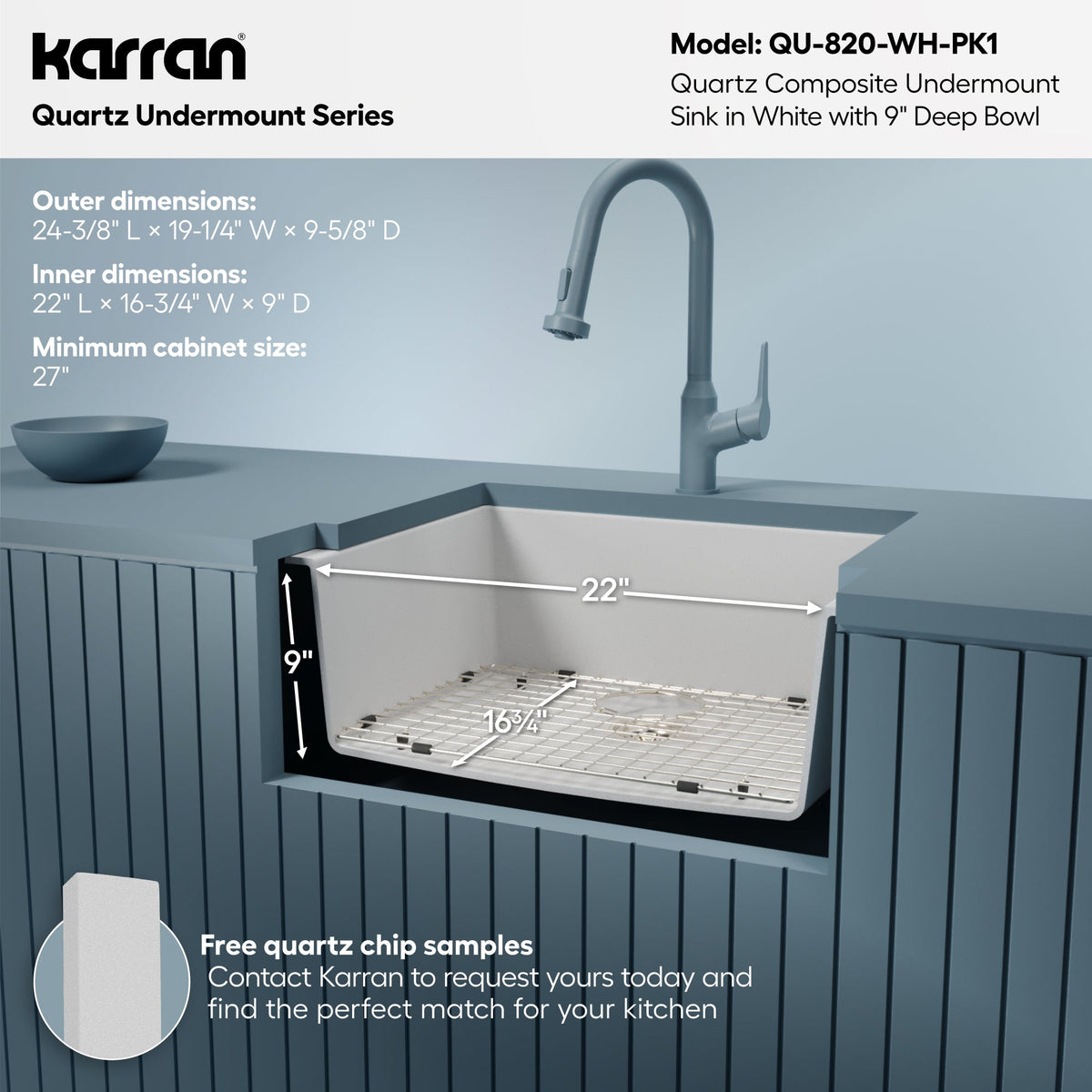 24-3/8" Undermount Single Bowl Quartz Composite Kitchen Sink Kit In White
