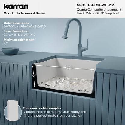 24-3/8" Undermount Single Bowl Quartz Composite Kitchen Sink Kit In White