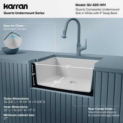24-3/8" Undermount Single Bowl Quartz Composite Kitchen Sink In White