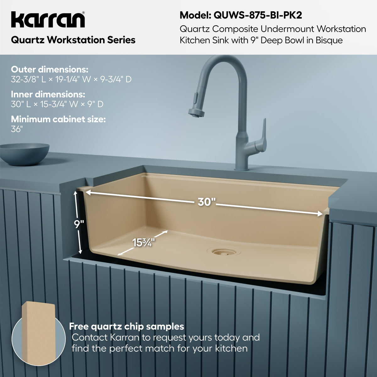 32" Undermount Single Bowl Quartz Kitchen Sink Kit In Bisque