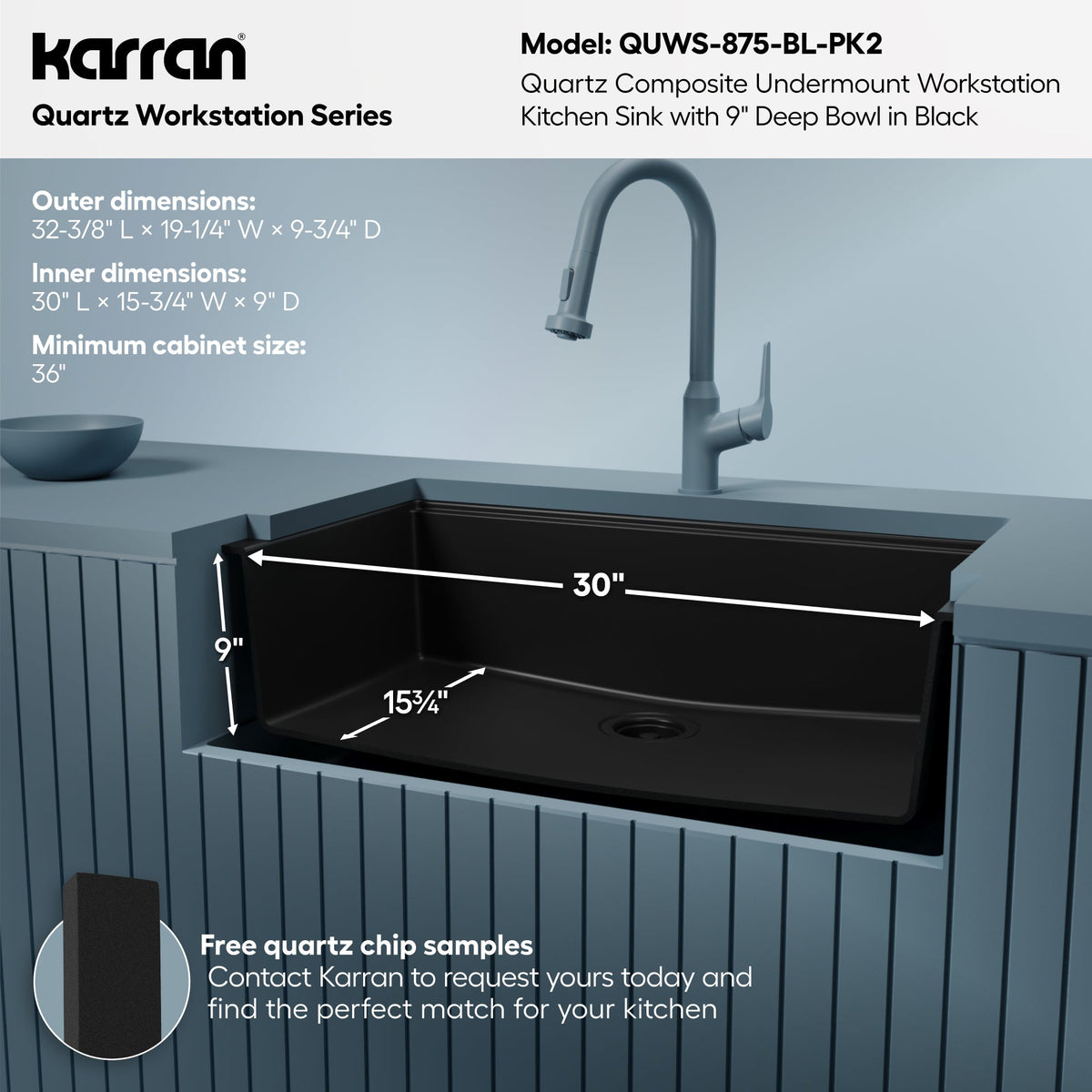 32" Undermount Single Bowl Quartz Kitchen Sink Kit In Black