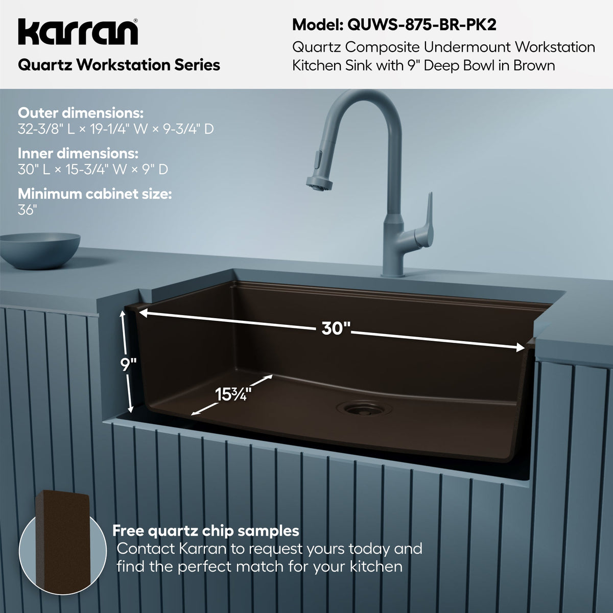 32" Undermount Single Bowl Quartz Kitchen Sink Kit In Brown