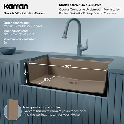 32" Undermount Single Bowl Quartz Kitchen Sink Kit In Concrete