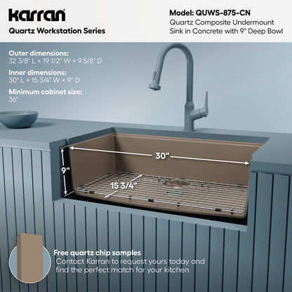 32" Undermount Large Single Bowl Quartz Composite Workstation Kitchen Sink In Concrete