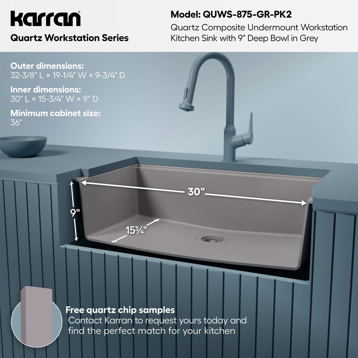 32" Undermount Single Bowl Quartz Kitchen Sink Kit In Grey