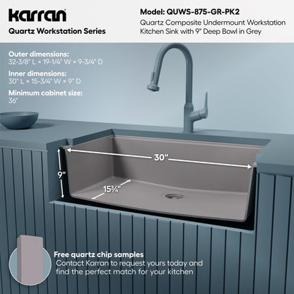 32" Undermount Single Bowl Quartz Kitchen Sink Kit In Grey