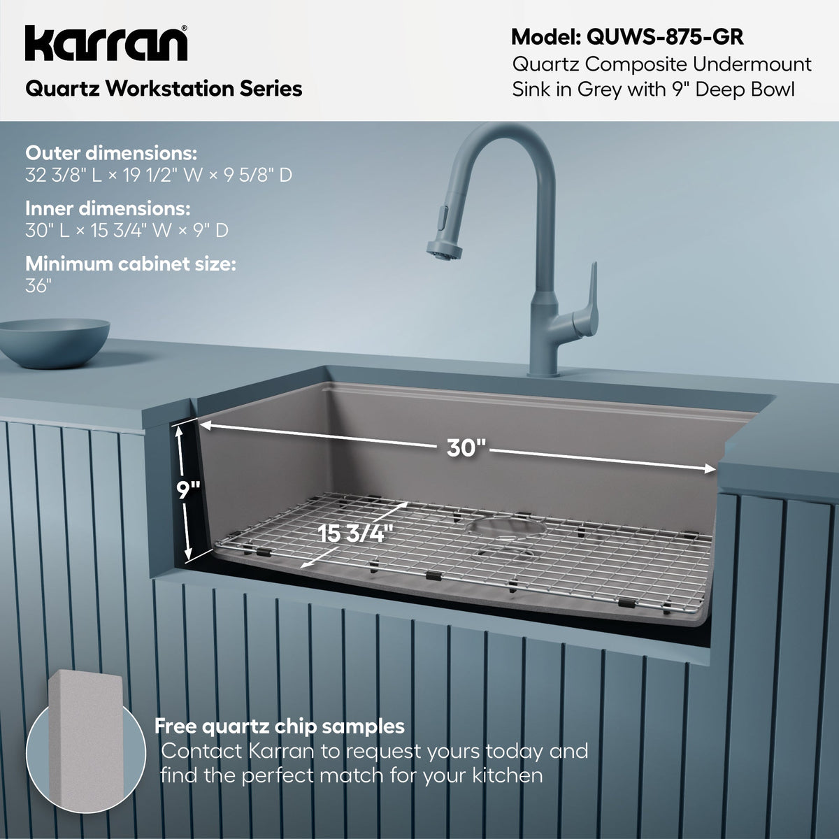 32" Undermount Large Single Bowl Quartz Composite Workstation Kitchen Sink In Grey