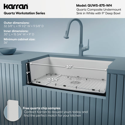 32" Undermount Large Single Bowl Quartz Composite Workstation Kitchen Sink In White