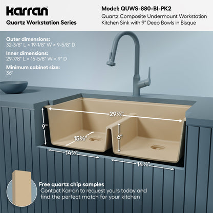 32" Undermount Double Bowl Quartz Kitchen Sink Kit In Bisque