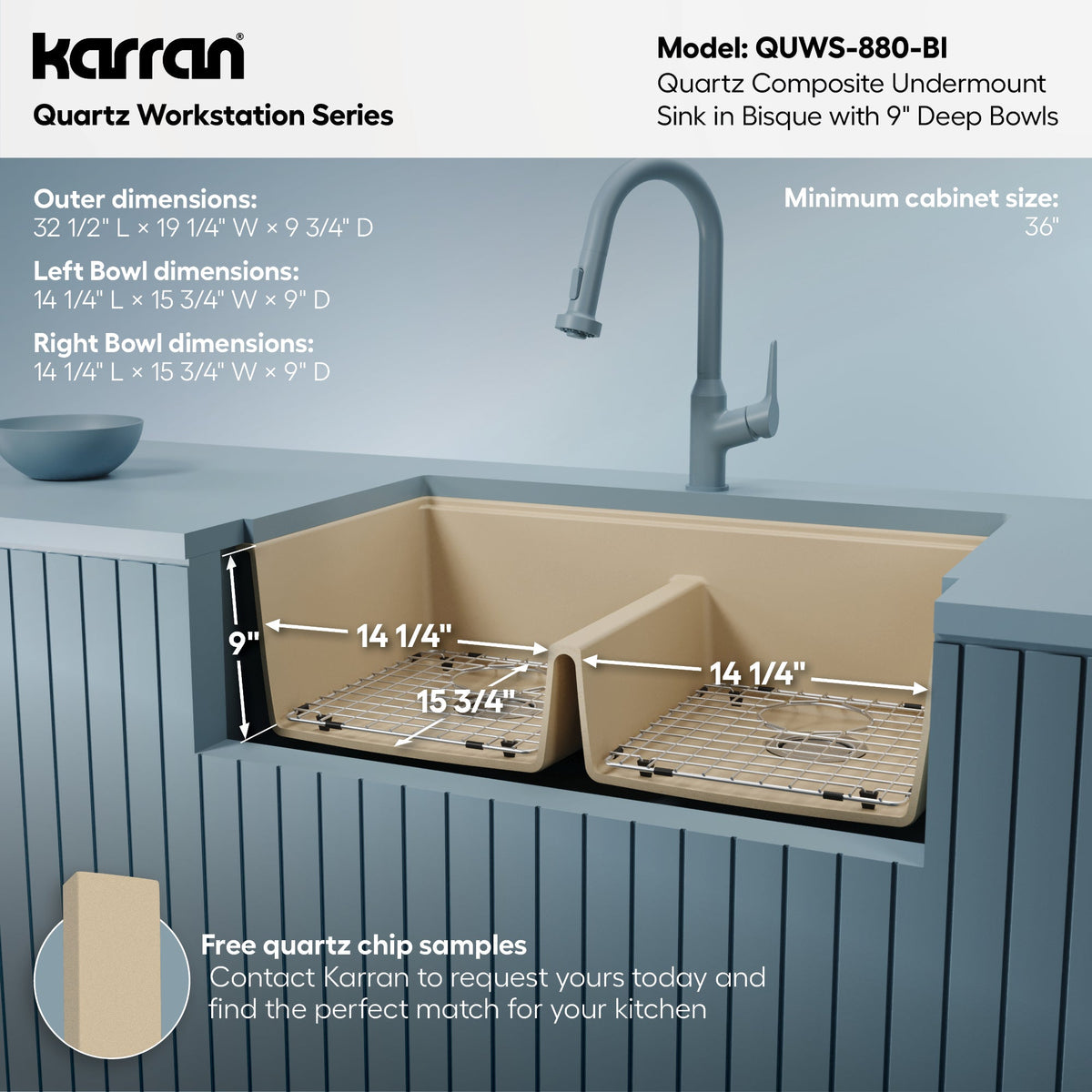32-1/2" Undermount Double Equal Bowl Quartz Composite Workstation Kitchen Sink In Bisque