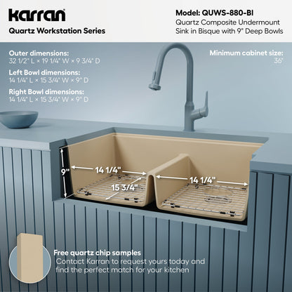 32-1/2" Undermount Double Equal Bowl Quartz Composite Workstation Kitchen Sink In Bisque