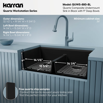 32-1/2" Undermount Double Equal Bowl Quartz Composite Workstation Kitchen Sink In Black