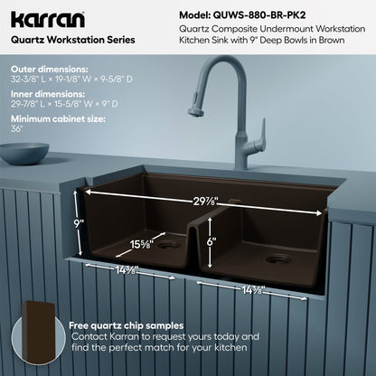 32" Undermount Double Bowl Quartz Kitchen Sink Kit In Brown