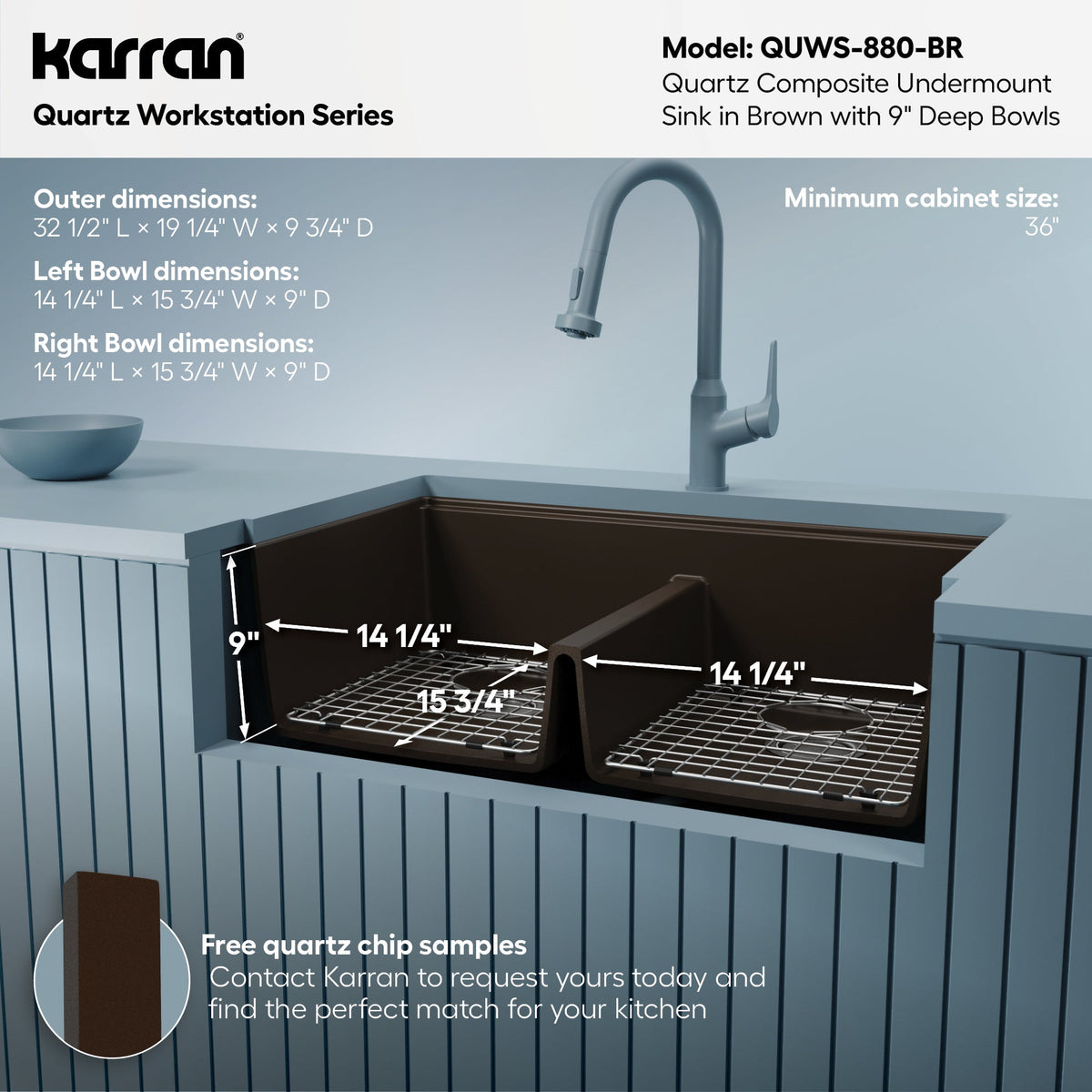 32-1/2" Undermount Double Equal Bowl Quartz Composite Workstation Kitchen Sink In Brown