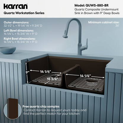 32-1/2" Undermount Double Equal Bowl Quartz Composite Workstation Kitchen Sink In Brown