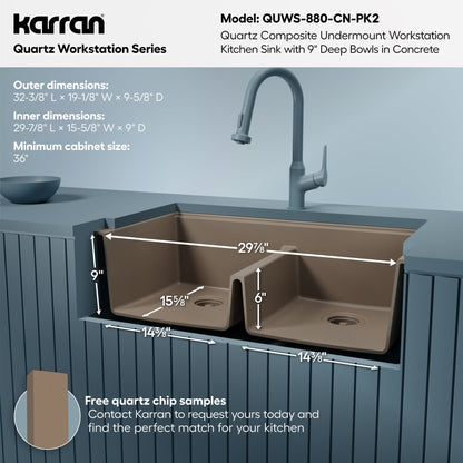 32" Undermount Double Bowl Quartz Kitchen Sink Kit In Concrete