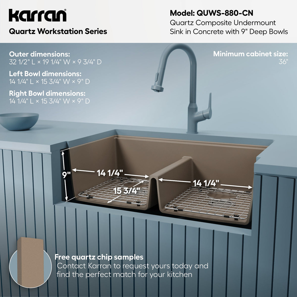 32-1/2" Undermount Double Equal Bowl Quartz Composite Workstation Kitchen Sink In Concrete
