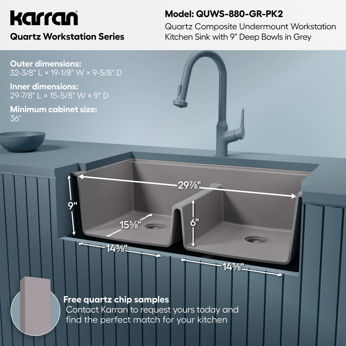 32" Undermount Double Bowl Quartz Kitchen Sink Kit In Grey