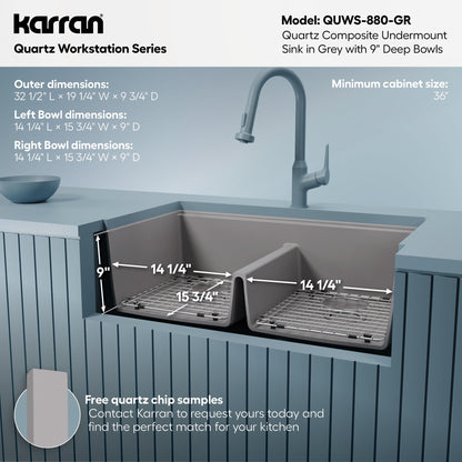 32-1/2" Undermount Double Equal Bowl Quartz Composite Workstation Kitchen Sink In Grey